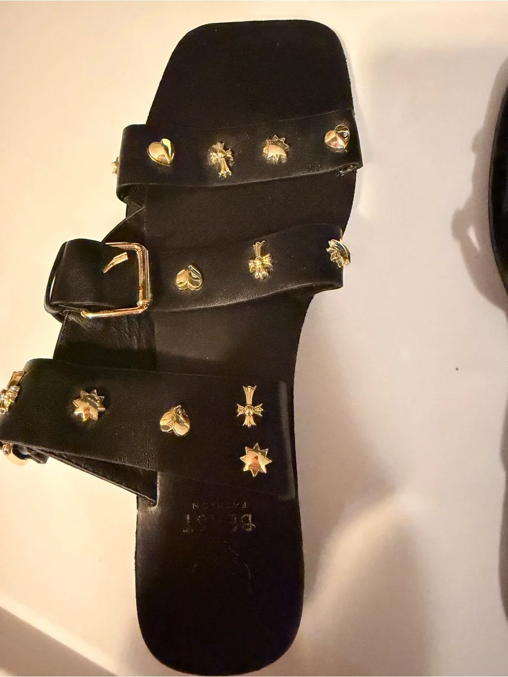 BEAST FASHION Black Slide Sandals with Gold Studs
